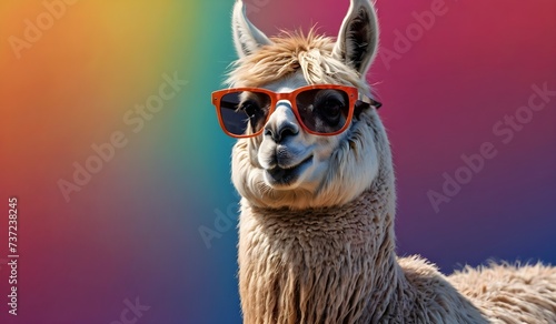 Funny llama wearing sunglasses in studio with a colorful and bright background. Generative AI