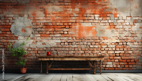 Old brick wall with rustic wooden table and modern chair generated by AI