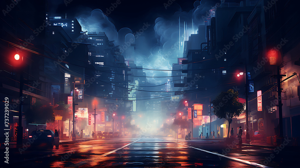 Lost in the Lights Journey Through a Neon Metropolis, A captivating scene of a neon-lit cityscape, inviting the viewer on a journey of exploration through its towering structures and vibrant street