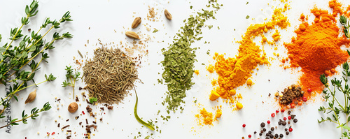 Assorted spices on white background. Delicious food ingredients, cooking concept photo