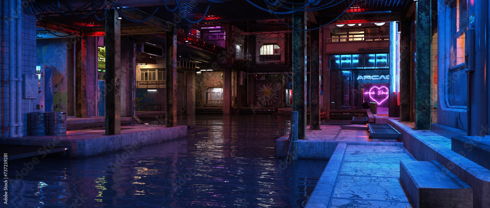 River flowing under a fantasy future cyberpunk city centre at night. Wide cinematic 3D illustration.