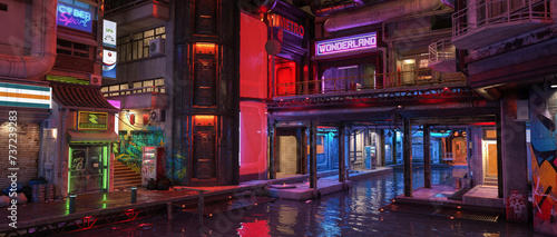 Fototapeta Naklejka Na Ścianę i Meble -  Wide panoramic 3D illustration of an urban area in a futuristic cyberpunk city with river flowing under the buildings.