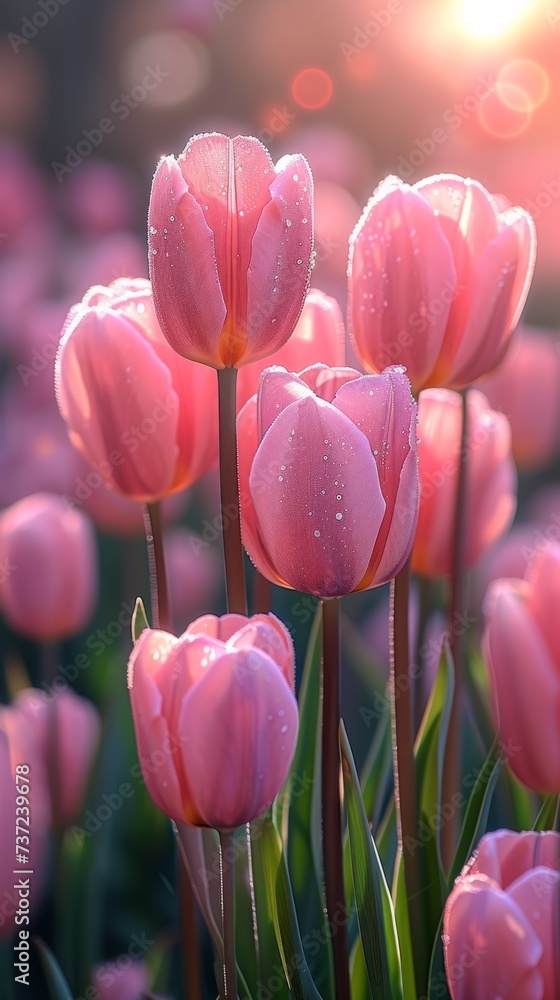 A field of pink tulips with water droplets on them A field of pink tulips with water droplets on them