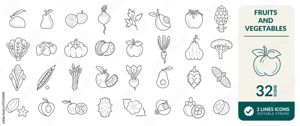 LINE EDITABLE ICONS SET. ELEMENTS FOR ILLUSTRATING THEMES OF VARIOUS FRUITS AND VEGETABLES, MANGOSTEEN, LYCHEE, PITAYA, AVOCADO, ORANGE, TOMATO, PARSLEY, ONION, PEAR AND OTHERS. PIXEL PERFECT. LINE EDITABLE ICONS SET. ELEMENTS FOR ILLUSTRATING THEMES OF VARIOUS FRUITS AND VEGETABLES, MANGOSTEEN, LYCHEE, PITAYA, AVOCADO, ORANGE, TOMATO, PARSLEY, ONION, PEAR AND OTHERS. PIXEL PERFECT.