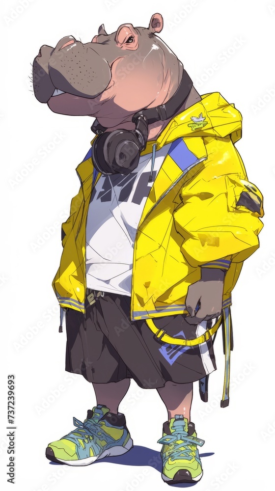 A hippoy wearing headphones and a yellow jacket A hippoy wearing headphones and a yellow jacket