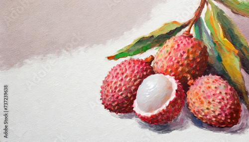 Oil painting of a litchi on pure white canvas, copyspace on one side photo