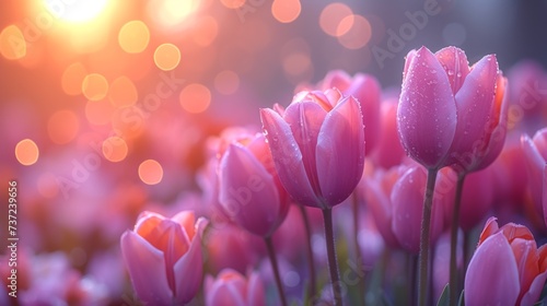 A field of pink tulips with the sun in the background photo