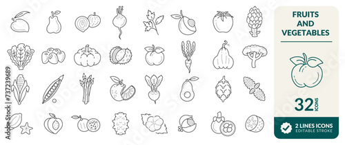 LINE EDITABLE ICONS SET. ELEMENTS FOR ILLUSTRATING THEMES OF VARIOUS FRUITS AND VEGETABLES, MANGOSTEEN, LYCHEE, PITAYA, AVOCADO, ORANGE, TOMATO, PARSLEY, ONION, PEAR AND OTHERS. PIXEL PERFECT.  photo