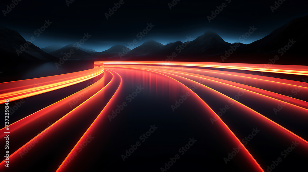  Panoramic Neon Glow: Abstract Fluorescent Lines in a Dark Room with Floor Reflection, Virtual Dynamic Ribbon
