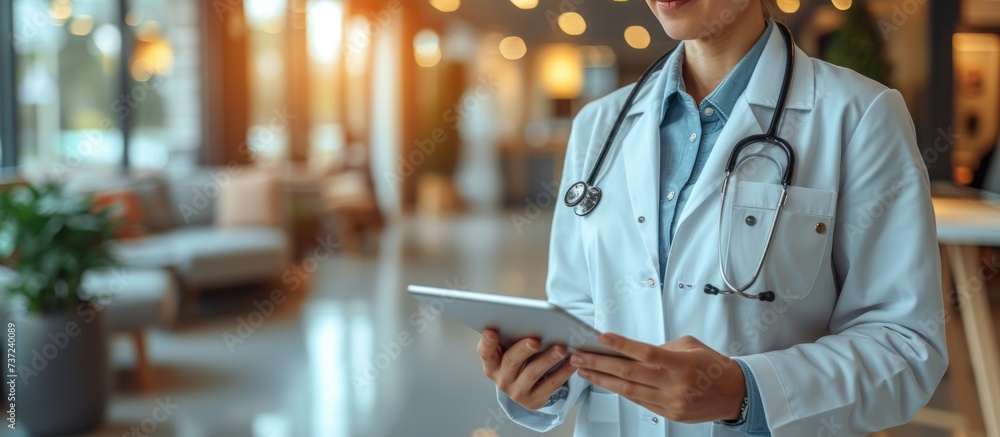 physician consulting patient's health online using internet mobile digital table - obrazy, fototapety, plakaty 