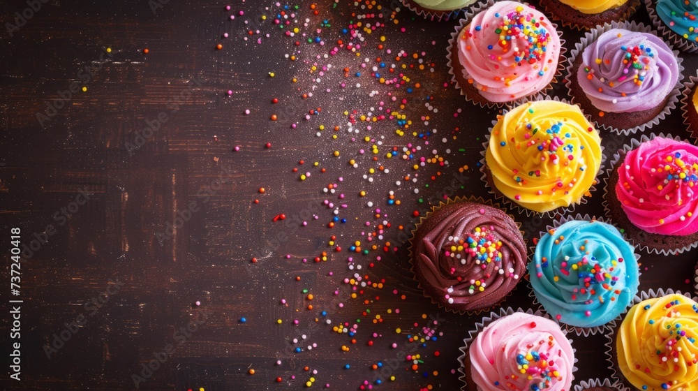 A table topped with lots of cupcakes and sprinkles A table topped with lots of cupcakes and sprinkles