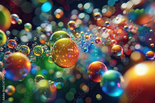 A group of bubbles floating in the air, creating a mesmerizing and dynamic visual display, An abstract interpretation of quantum dots at the nanoscale, AI Generated © Ifti Digital