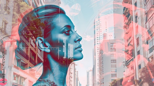 Fusão urbana e perfil feminino em arte digital