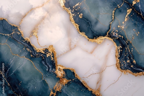 This close-up photograph showcases the intricate details and vibrant colors of a blue and gold marble, An abstract marble pattern background with gold veins, AI Generated © Ifti Digital