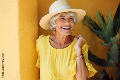 Portrait of happy senior woman in hat posing on yellow wall background