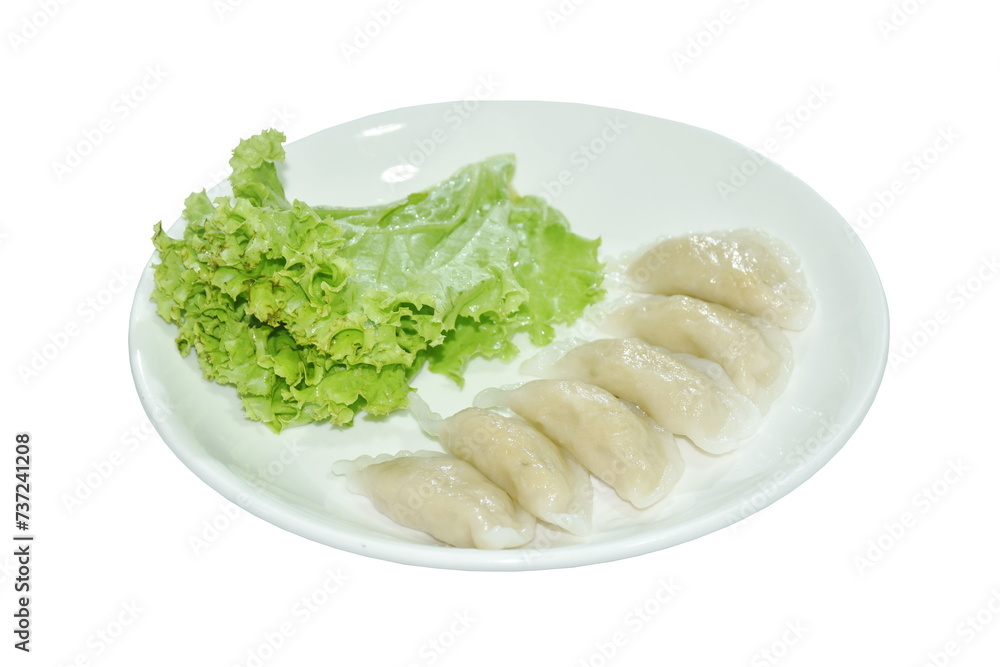 khanom Pang Sib Thai snack made from steamed flour stuffing mashed fish eating with fresh lettuce on plate khanom Pang Sib Thai snack made from steamed flour stuffing mashed fish eating with fresh lettuce on plate