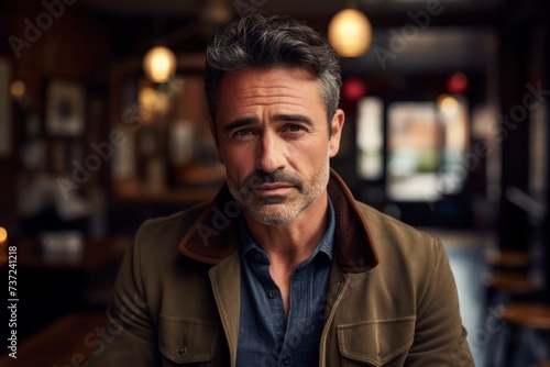 Portrait of a handsome mature man in a cafe. Men's beauty, fashion.