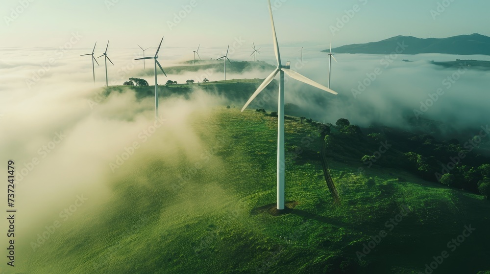 Wind turbine renewable energy windfarm with windmills aerial view with fog in green field