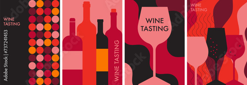 A set of minimal posters with wine bottles, glasses of wine. Wine tasting concept. Abstract flat vector illustration in red. Perfect for menu, cover design, promotion. Festive drink, wine party.