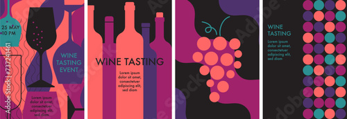 A set of minimal posters with wine bottles, glasses of wine, grapes. Wine tasting concept. Abstract flat vector illustration. Perfect for menu, cover design, promotion. Festive drink, wine party.
