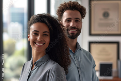 Smiling business man and woman of different races indoors
