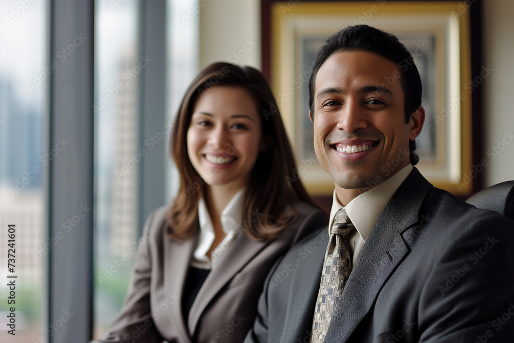 Smiling business man and woman of different races indoors