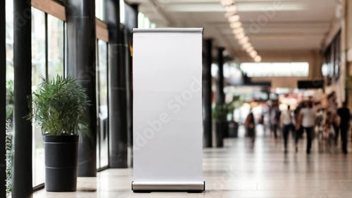 roll up mockup poster stand in an shopping mall banner design with blank empty copy space area created with generative ai	 photo