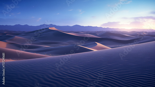 Twilight serenity over desert dunes with distant mountains