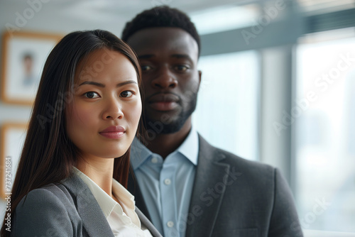 Smiling business man and woman of different races indoors