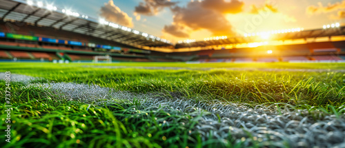 The green field of dreams, an empty soccer stadium under a clear sky, waiting for the next big game to commence