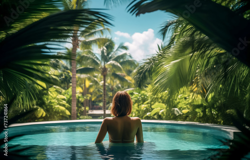 Young woman enjoying solitude in tropical pool setting © thodonal