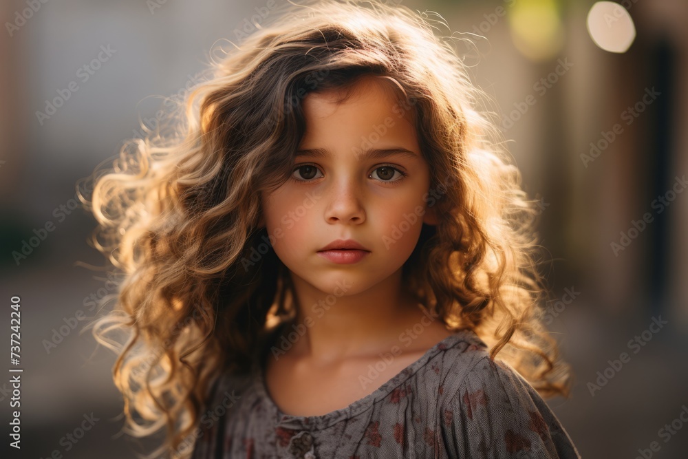Portrait of a beautiful little girl with curly hair on the street Portrait of a beautiful little girl with curly hair on the street