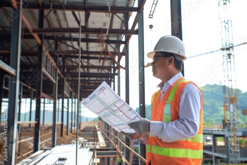 smart asian engineer manager with safety uniform checking site construction with steel