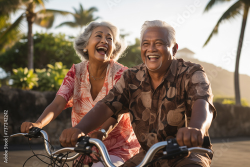 Golden agers hitting the road on their bicycles. Concept of Pacific Islander couple of mature people with active lifestyle doing sports outdoors. photo