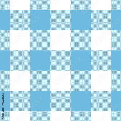 Sky blue and white tartan check plaid seamless pattern, pixel plaid, checkered plaid texture background for textile design, napkin, blanket, wrapping paper, cover, tablecloth, scarf. Vector file.