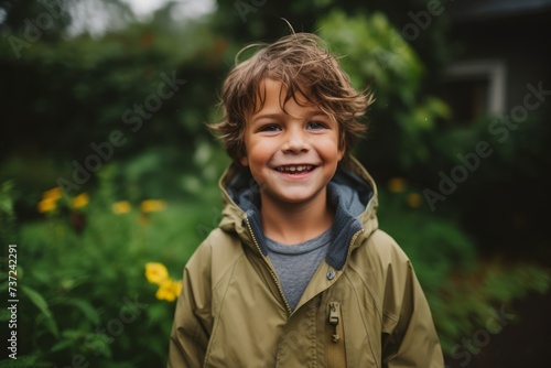 Portrait of a smiling little boy in a green jacket in the garden