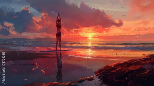 Serene yoga session on a beach at sunrise