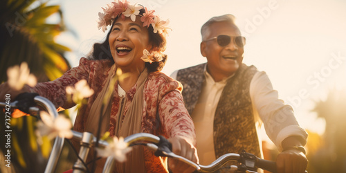 Aging population riding bicycles in the countryside. Concept of Pacific Islander couple of mature people with active lifestyle doing sports outdoors.