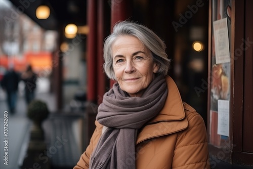Portrait of a beautiful senior woman in a coat and scarf on the street