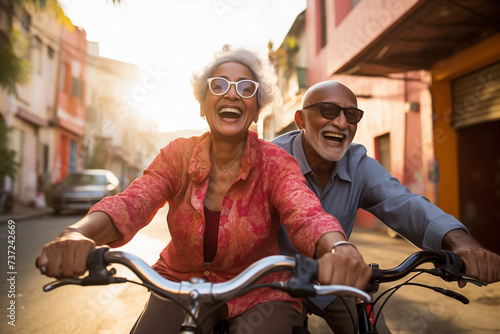 Older folks taking a leisurely bike ride. Concept of Latin couple of mature people with active lifestyle doing sports outdoors.