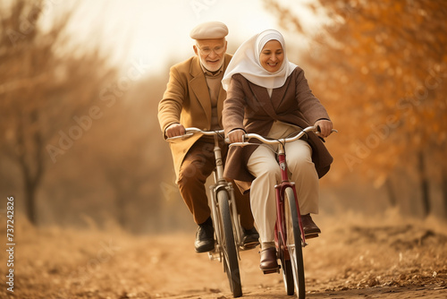 Golden agers cycling along the coastal path. Concept of Muslim couple of mature people with active lifestyle doing sports outdoors. photo