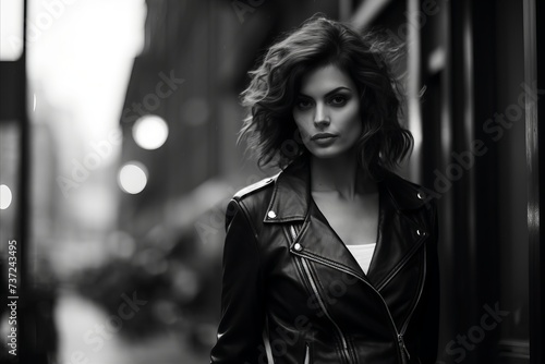 Beautiful young woman in a leather jacket on a city street.