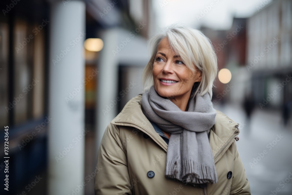 Portrait of smiling senior woman walking in the city at winter day Portrait of smiling senior woman walking in the city at winter day