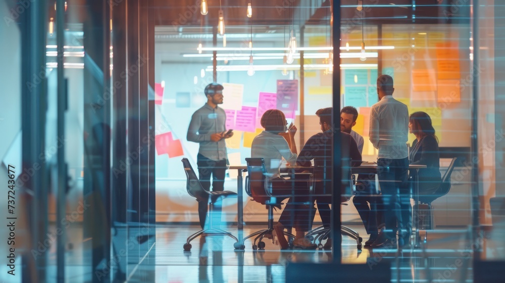 A captivating stock image depicts a group of diverse professionals brainstorming in a bright modern office. 