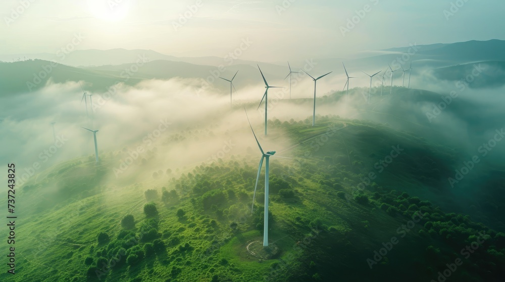 High angle view of wind turbine generator farm
