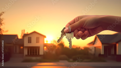 A close-up of a house key being handed over to a new homeowner, symbolizing the completion of a mortgage loan process.  photo
