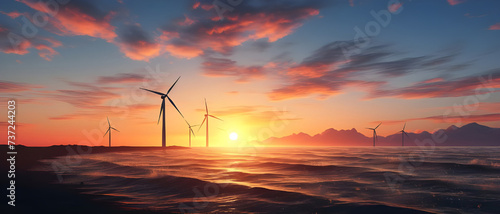 Sunset sky powers wind and solar energy generated - Ai generated © mady