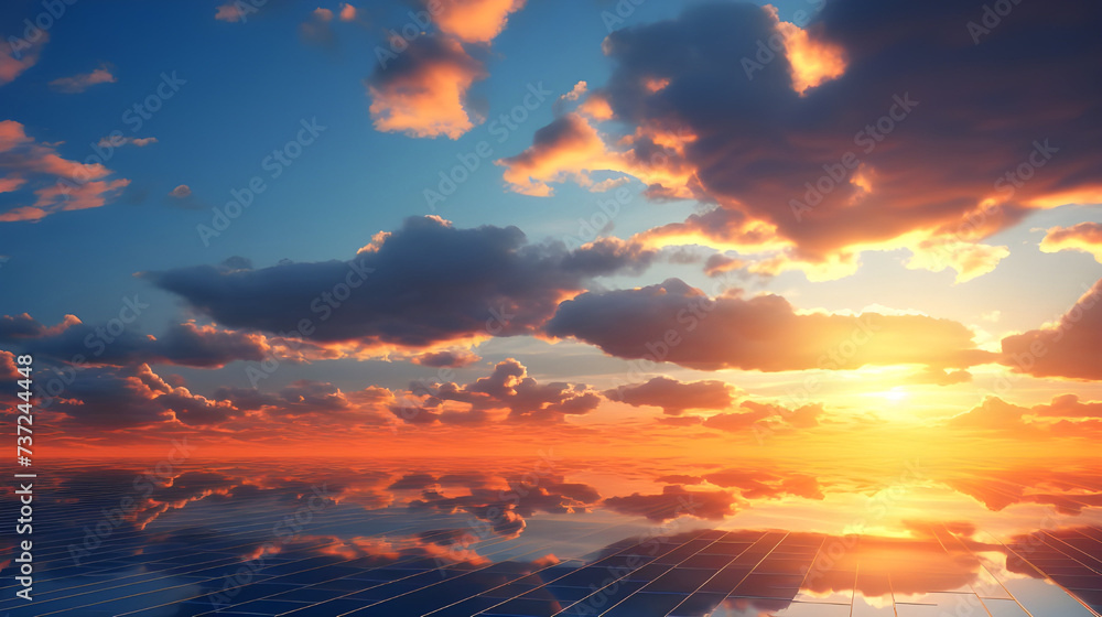 Sunset sky powers wind and solar energy generated - Ai generated