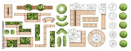 Top view elements for the landscape design plan. Trees and benches for architectural floor plans. Entourage design. Various trees  bushes  and shrubs. Vector illustration.