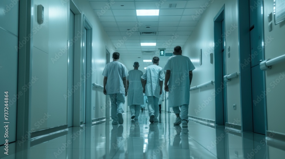 Against the background of a white hospital corridor, team of doctors,, photo, Against the background of a white hospital corridor, team of doctors,, photo,